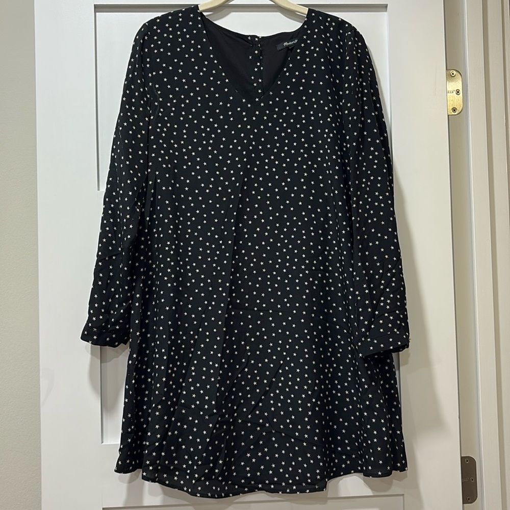 Madewell Star Print 100% Silk Long-Sleeved A-Line Mini Dress Minimalist Black S
